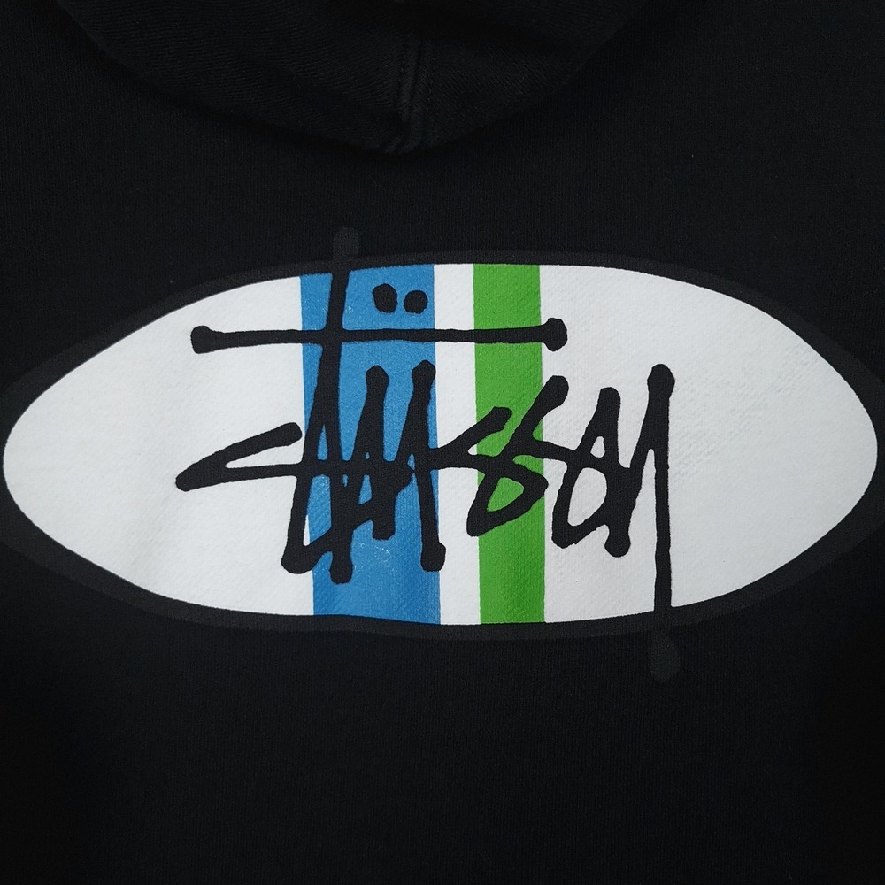 Stussy Hoodie Mens Large Black Oval Logo Fleece Pullover Graphic Back Hit - Picture 12 of 16